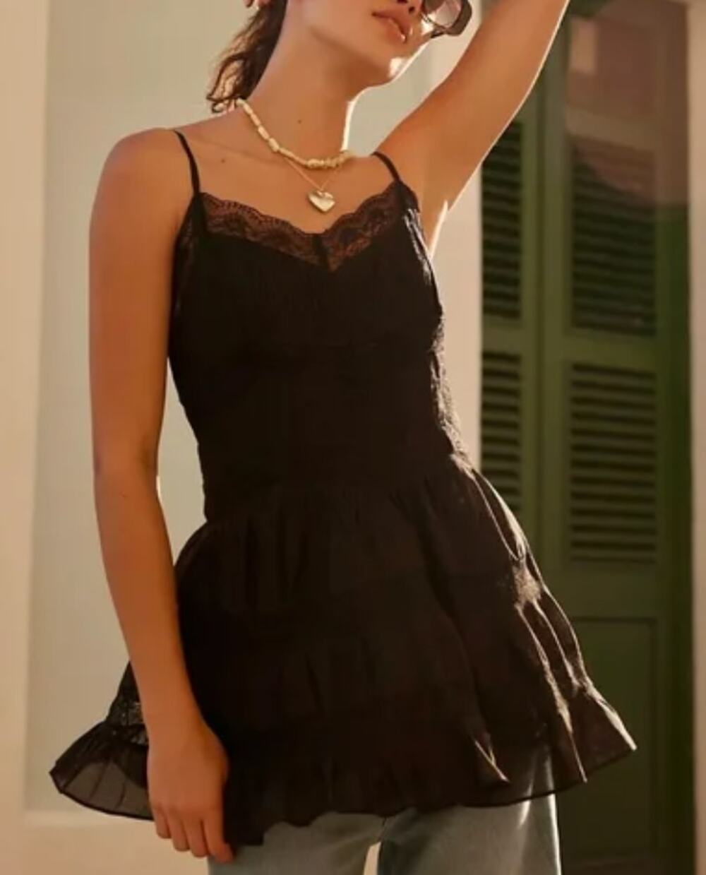 Free People Somebody To Love Lace Gathered Babydoll Mini Dress Black Large NWT